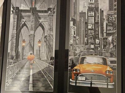 Set of 2 Framed New York City Photography Prints - Brooklyn Bridge & Yellow Cab