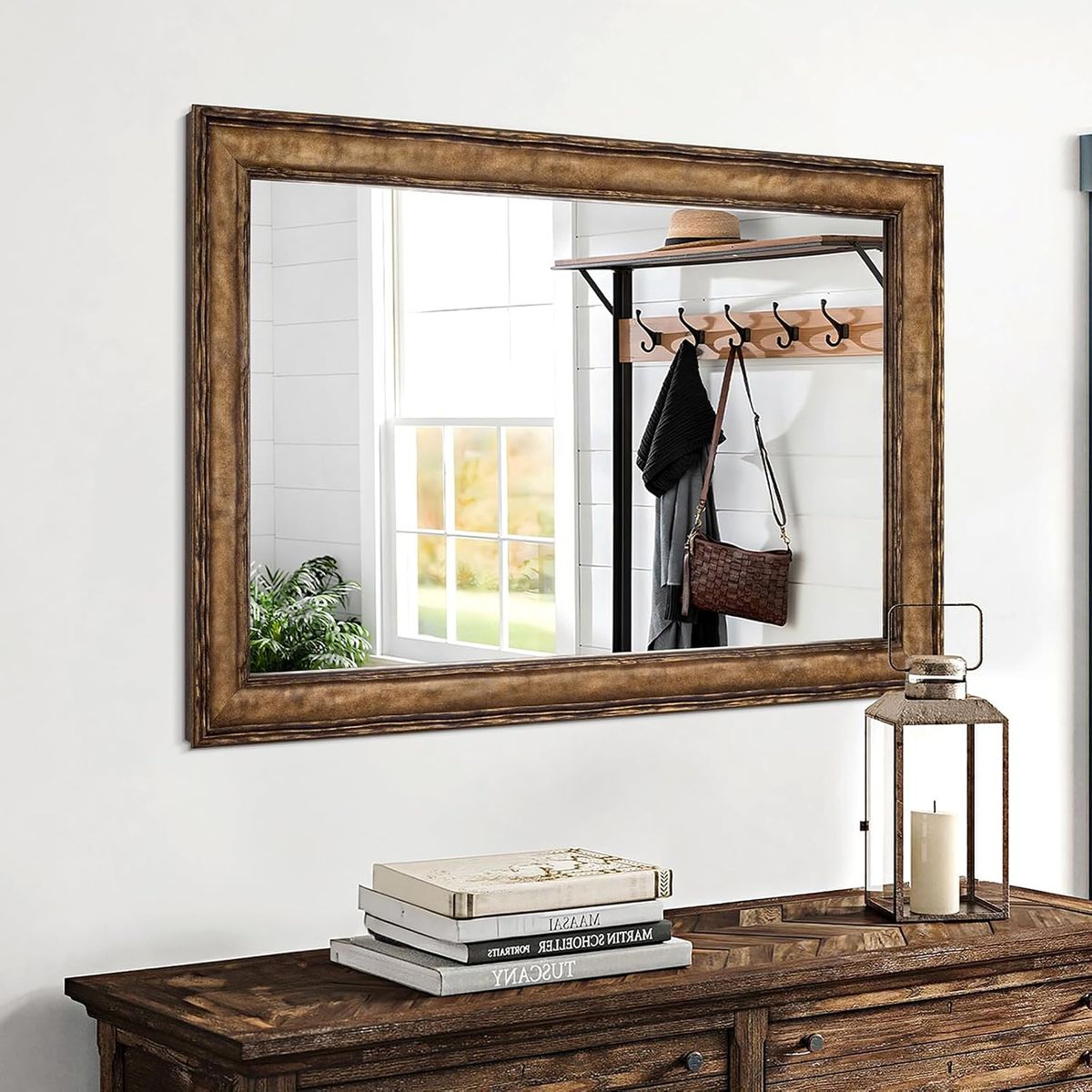 NEW 37"X25" Rectangular Antique Solid Wood Frame Mirror, Decorative Wall Mirror with Natural Uneven Texture Edge