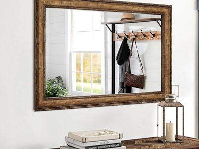 NEW 37"X25" Rectangular Antique Solid Wood Frame Mirror, Decorative Wall Mirror with Natural Uneven Texture Edge