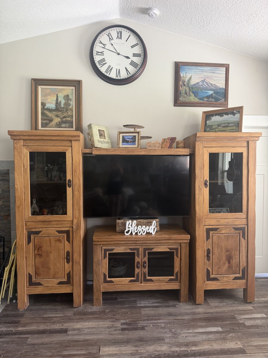 Solid Wood Entertainment Center Media Console TV Stand with Glass Cabinets