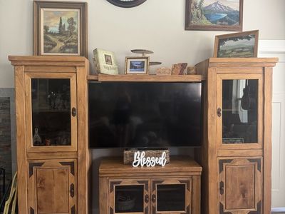 Solid Wood Entertainment Center Media Console TV Stand with Glass Cabinets