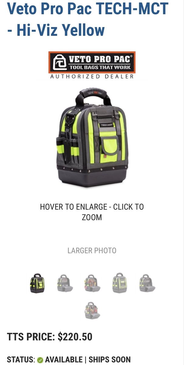 Veto Pro Pac TECH-MCT Hi-Viz Yellow Tool Bag - 14" Height, 44 Pockets, Reflective Accents
