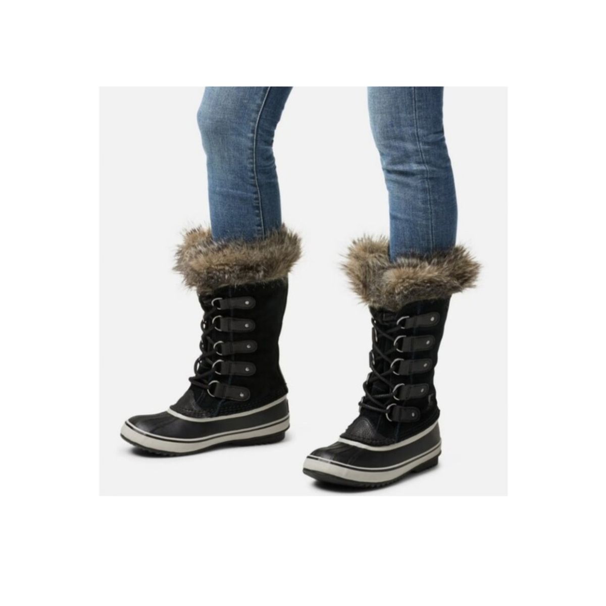 Sorel Joan Of Arctic Winter Boots Faux Fur Trim Lining Black & Tan Women's 8