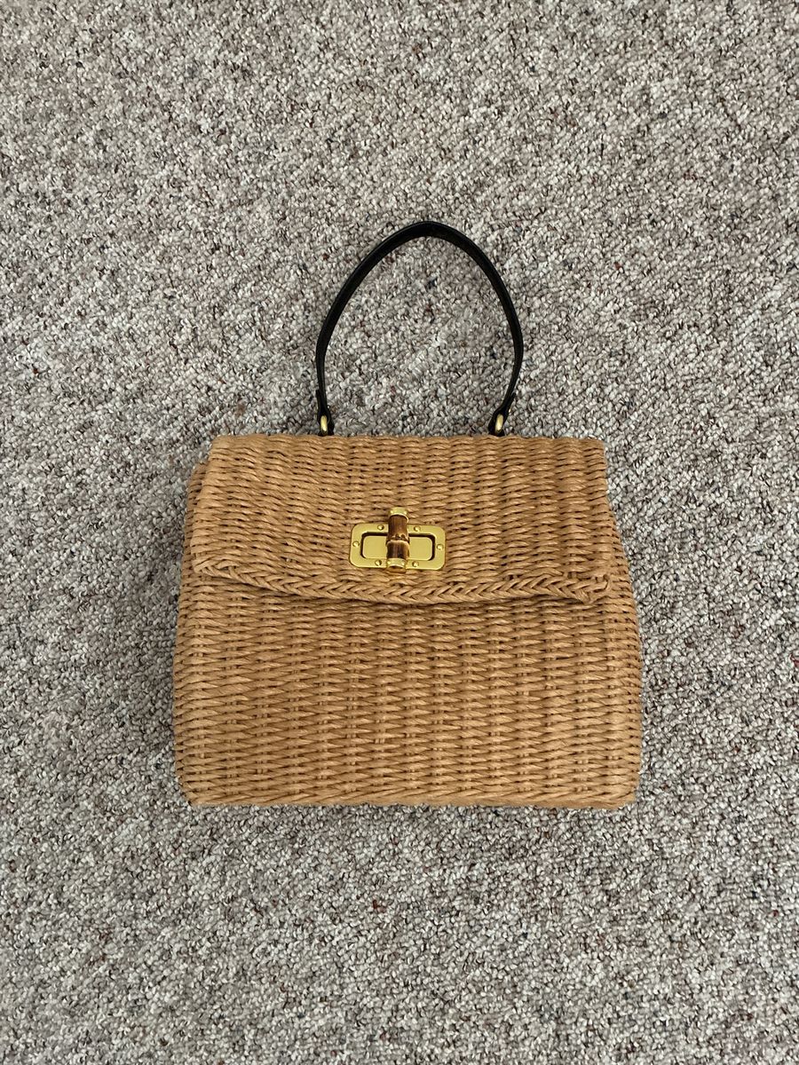 Vintage Style Woven Wicker Rattan Handbag Top Handle Gold-Tone Clasp