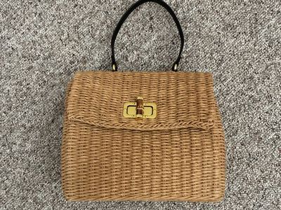 Vintage Style Woven Wicker Rattan Handbag Top Handle Gold-Tone Clasp