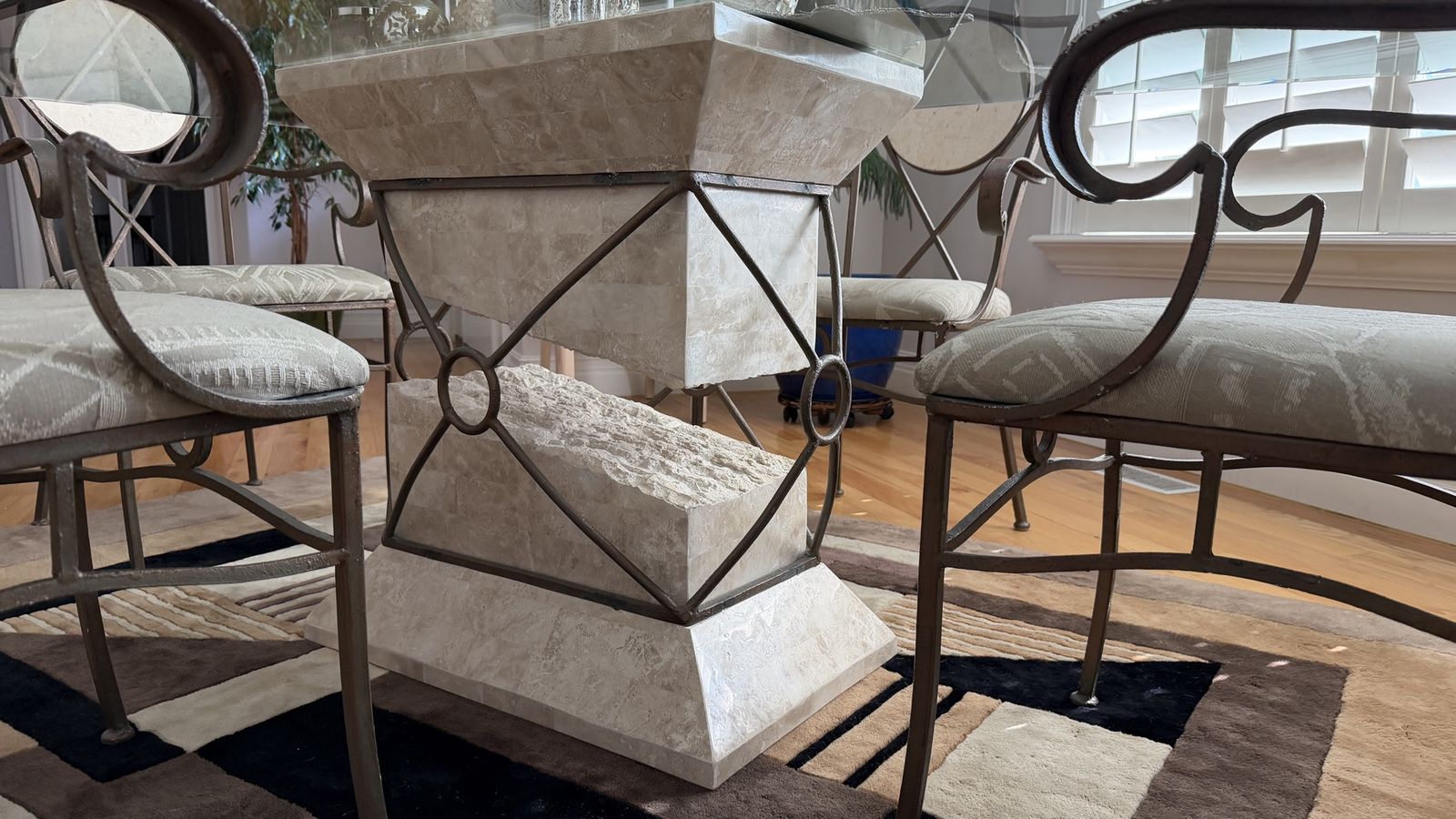 Unique Faux Stone Pedestal Dining Table Set: Glass Top, ‘Stone’ Pedestal, & 4 Metal/Upholstered Chairs