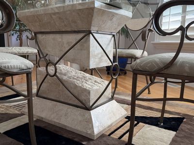 Unique Faux Stone Pedestal Dining Table Set: Glass Top, ‘Stone’ Pedestal, & 4 Metal/Upholstered Chairs