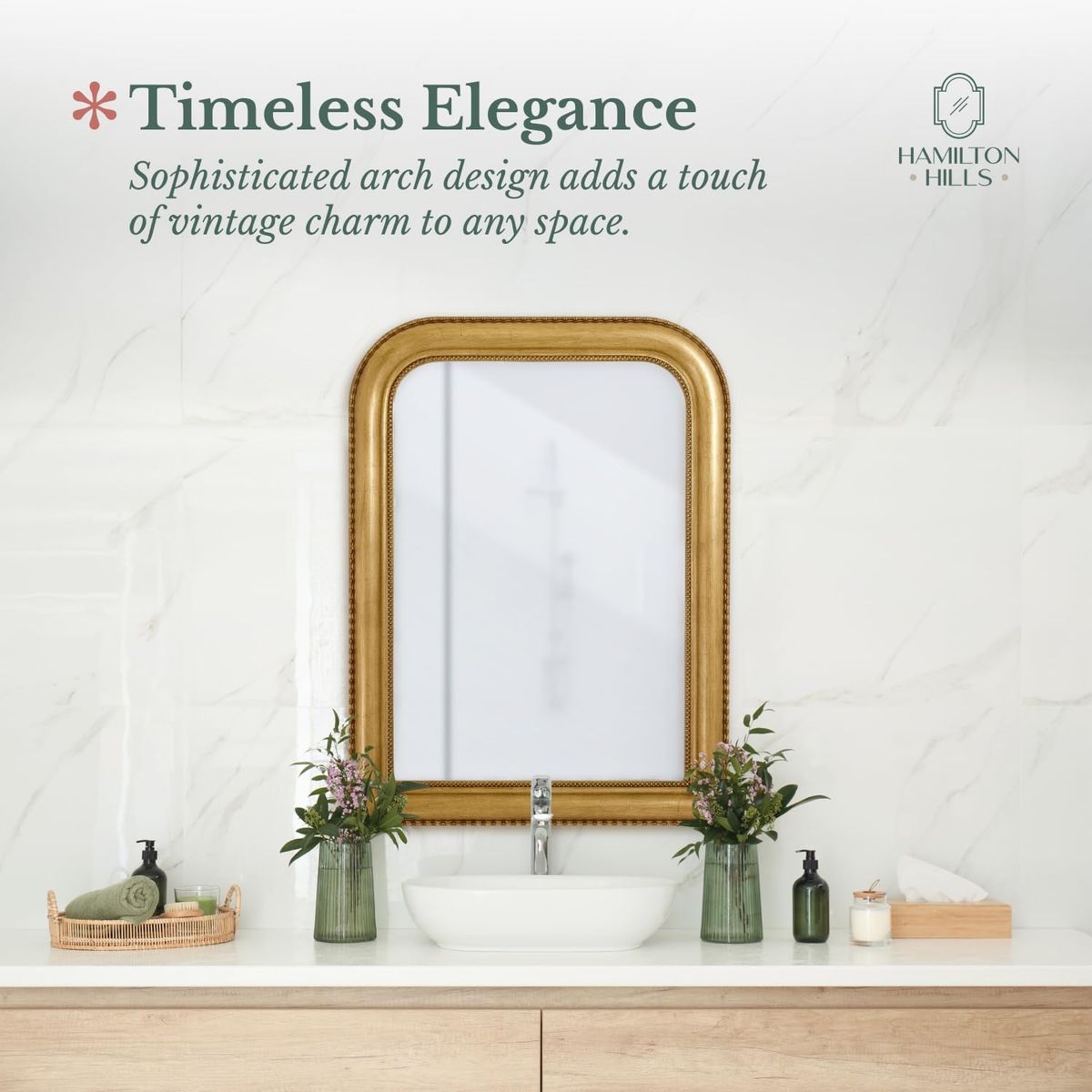 Hamilton Hills Vintage Gold Arch Wall Mirror - Timeless Elegance Decor 24x36 Inches