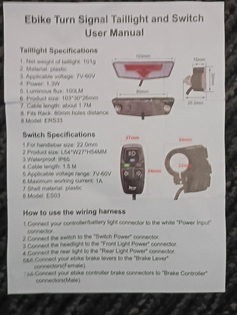 **NEW Onature E-bike Electric Bicycle Led Headlights Front/tail Light Switch Button w/blinkers/horn*