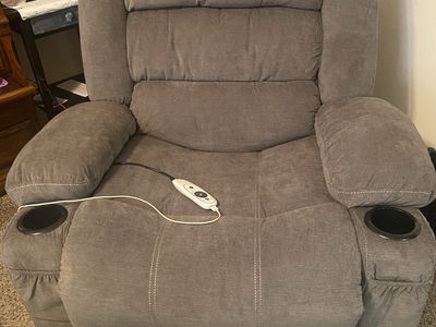 New assembled Gray Fabric swivel rocker Recliner Chair with Built-in Cup Holders with heat and massage.