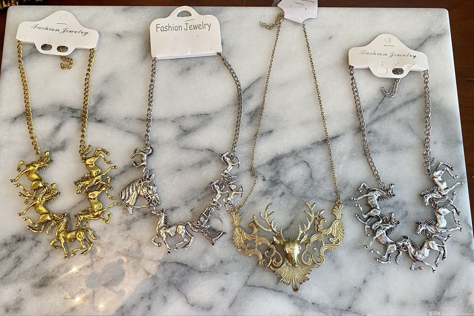 NEW! Silver N Gold Horse Chain & Bronze Elk Necklaces & Bracelet- Noah’s Ark Necklace- Sweater Pins ETC - C PIX