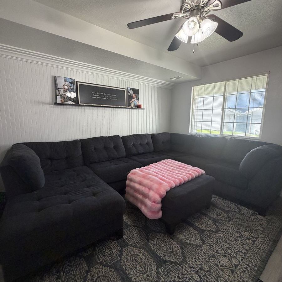 Large Blue U-Shaped Sectional Sofa with Ottoman - Tufted Cushions & Chaise Lounge