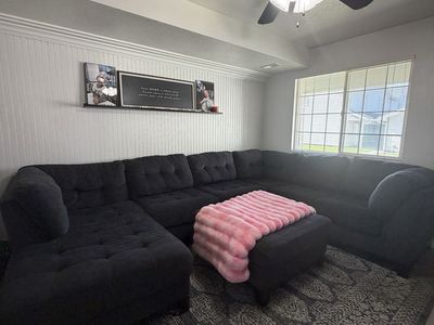 Large Blue U-Shaped Sectional Sofa with Ottoman - Tufted Cushions & Chaise Lounge
