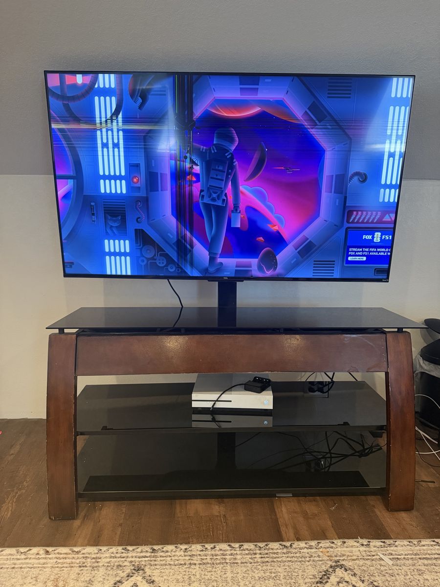 Glass Top TV Stand with Wood Frame and 2 Shelves - Modern Entertainment Console