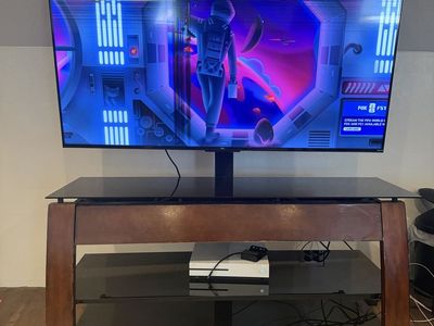 Glass Top TV Stand with Wood Frame and 2 Shelves - Modern Entertainment Console