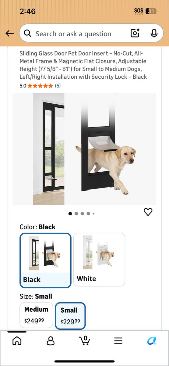 Sliding Glass Door Pet Door Insert - No-Cut, All-Metal Frame, Adjustable Height - Black, Small to Medium Dogs