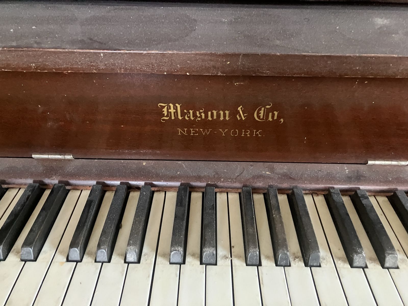 Mason & Co. New York Antique Upright Piano with Ornate Wood Carvings and Bench