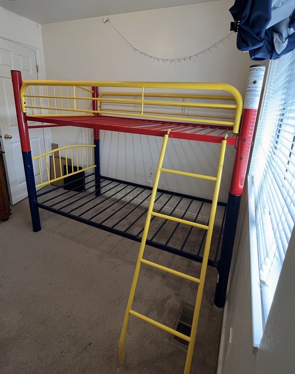 Multicolor Metal Twin Bunk Bed with Ladder and Safety Guardrails