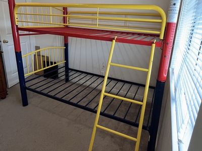 Multicolor Metal Twin Bunk Bed with Ladder and Safety Guardrails