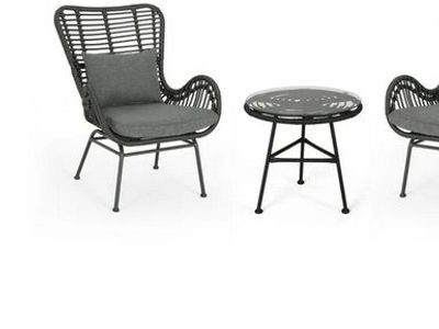 Naomi Outdoor 3 Piece Wicker Chat Set with Cushions & Glass Top Table