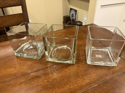 3 Clear Glass Square Vases 5 Inch Cubes