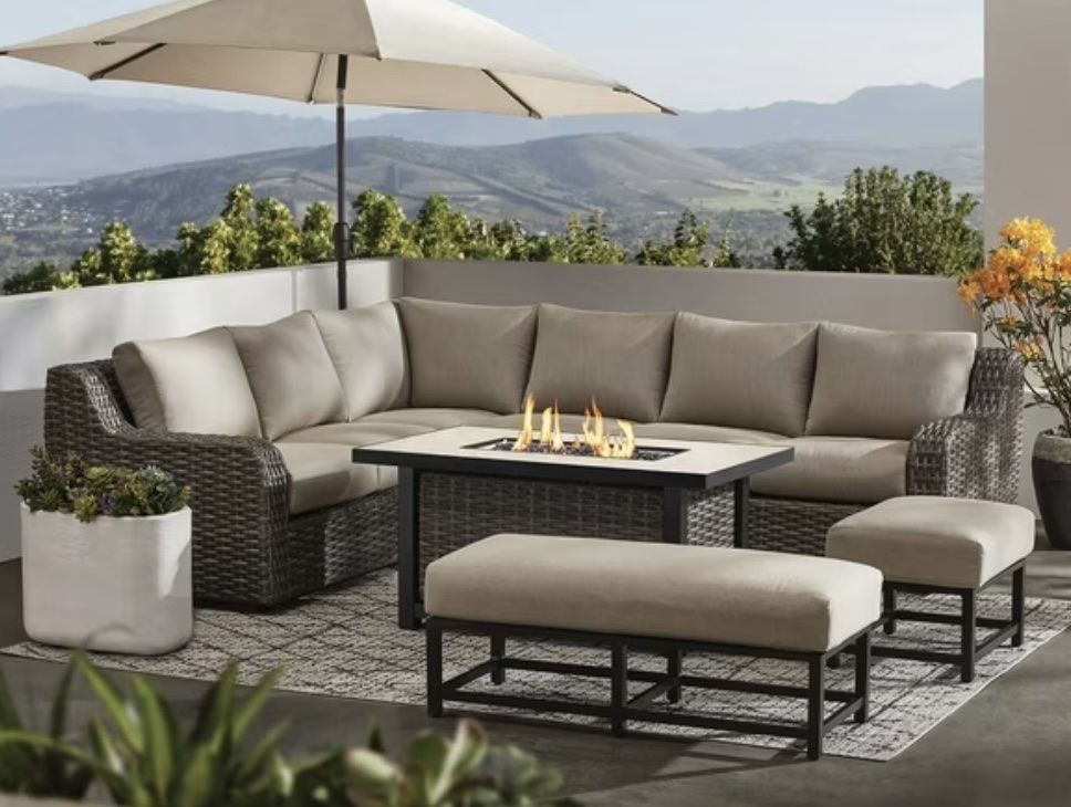 Athena Outdoor Sectional Patio Furniture Set with Fire Pit Table and Benches