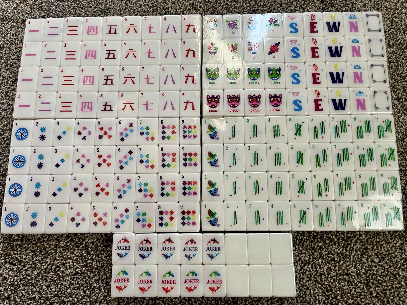 New American Mahjong Tile Set - Pink Backed Sealed Tiles with Jokers, Flowers, and Blanks