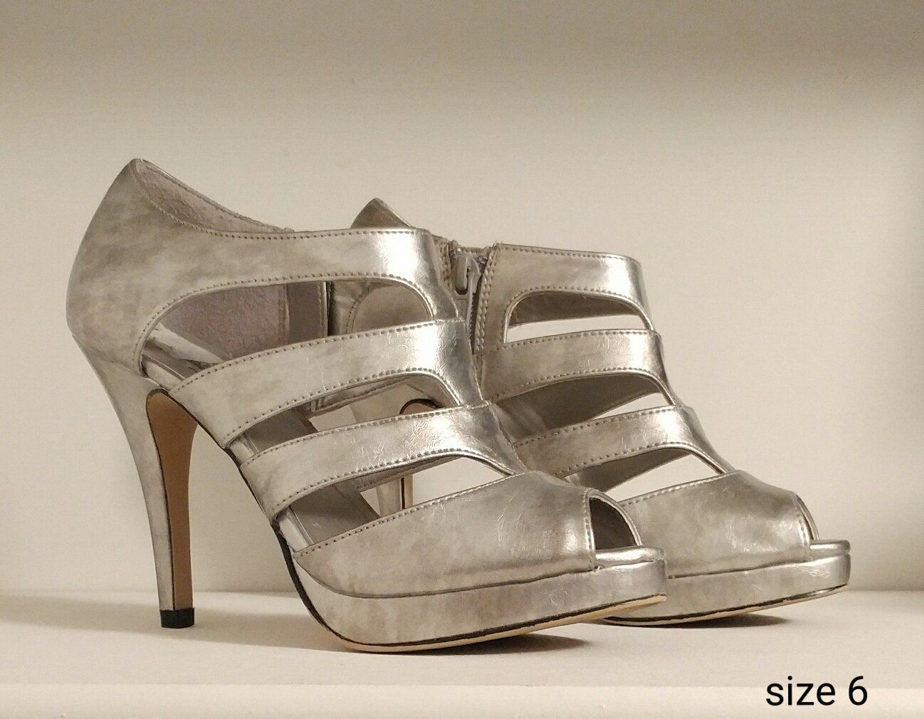 Silver Strappy Peep Toe High Heels - Size 6