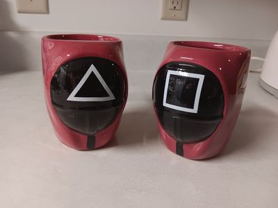 Squid Game Red Guard Soldier Mugs - Set of 2, Triangle & Square Masks, TV Show Memorabilia