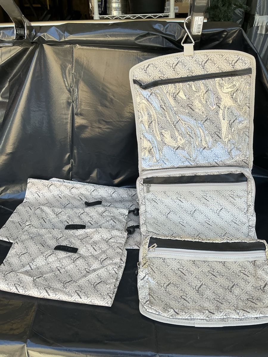 GUESS Travel Organizer Hanging Toiletry Bag with Laundry & Shoe Bags - Light Grey Logo Print
