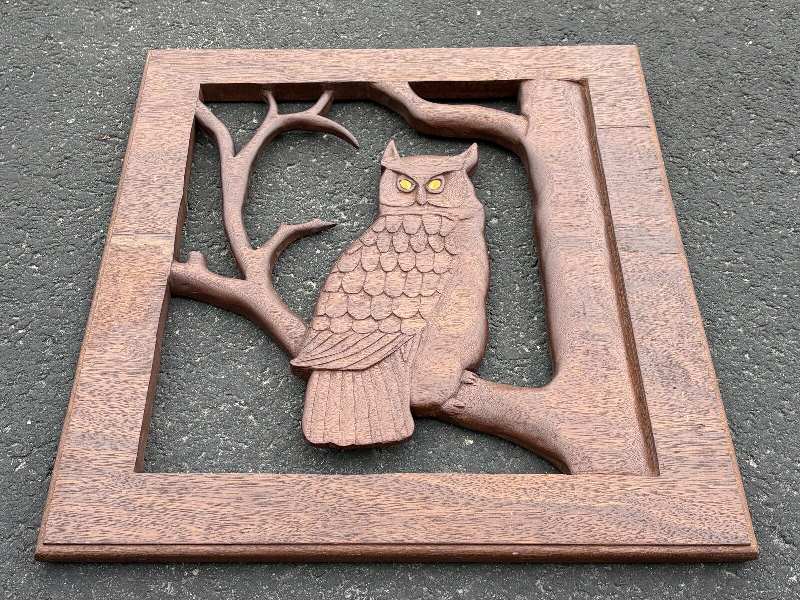 Beautiful, vintage Mid Century Modern, hand carved wooden owl wall hanging MCM art, folk art, carving