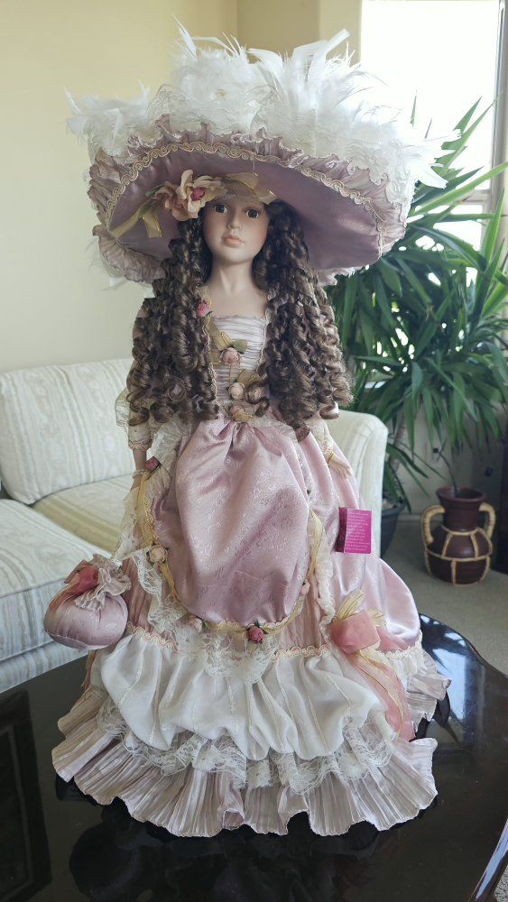 Fantasy Doll Collection Porcelain Doll - Pink Dress, Ruffled Skirt, Feathered Hat 30"Tall with Box