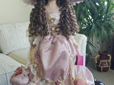 Fantasy Doll Collection Porcelain Doll - Pink Dress, Ruffled Skirt, Feathered Hat 30"Tall with Box
