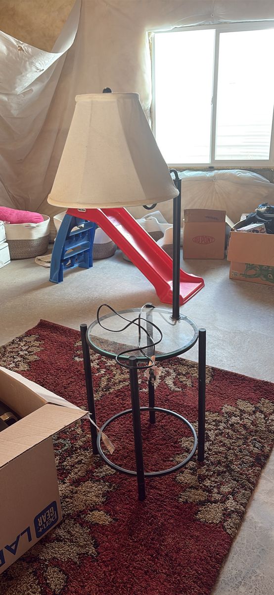 Floor Lamp with Integrated Glass Top Side Table and Shade
