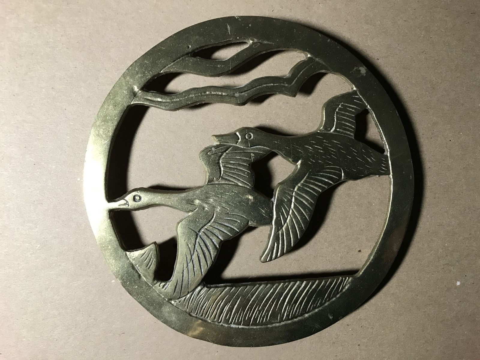 Antique Brass Round Trivet with Flying Mallard Ducks Theme Gold Finish