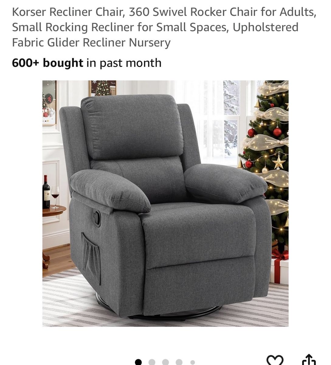 Korser LSJJ-7029 Upholstered Fabric Swivel Rocker Recliner Chair in Gray for Adults/Nursery