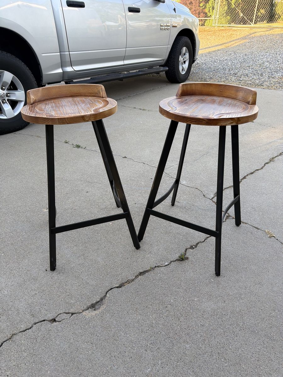 Pair of Modern Farmhouse Bar Stools - Wood Seat, Metal Legs - Counter Height