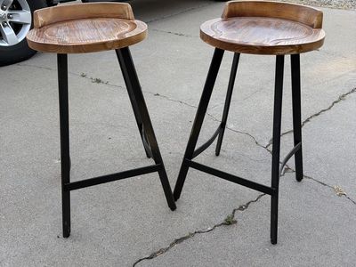 Pair of Modern Farmhouse Bar Stools - Wood Seat, Metal Legs - Counter Height