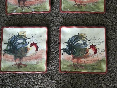 Set of 4 Square Rooster Ceramic Plates French Country Decor