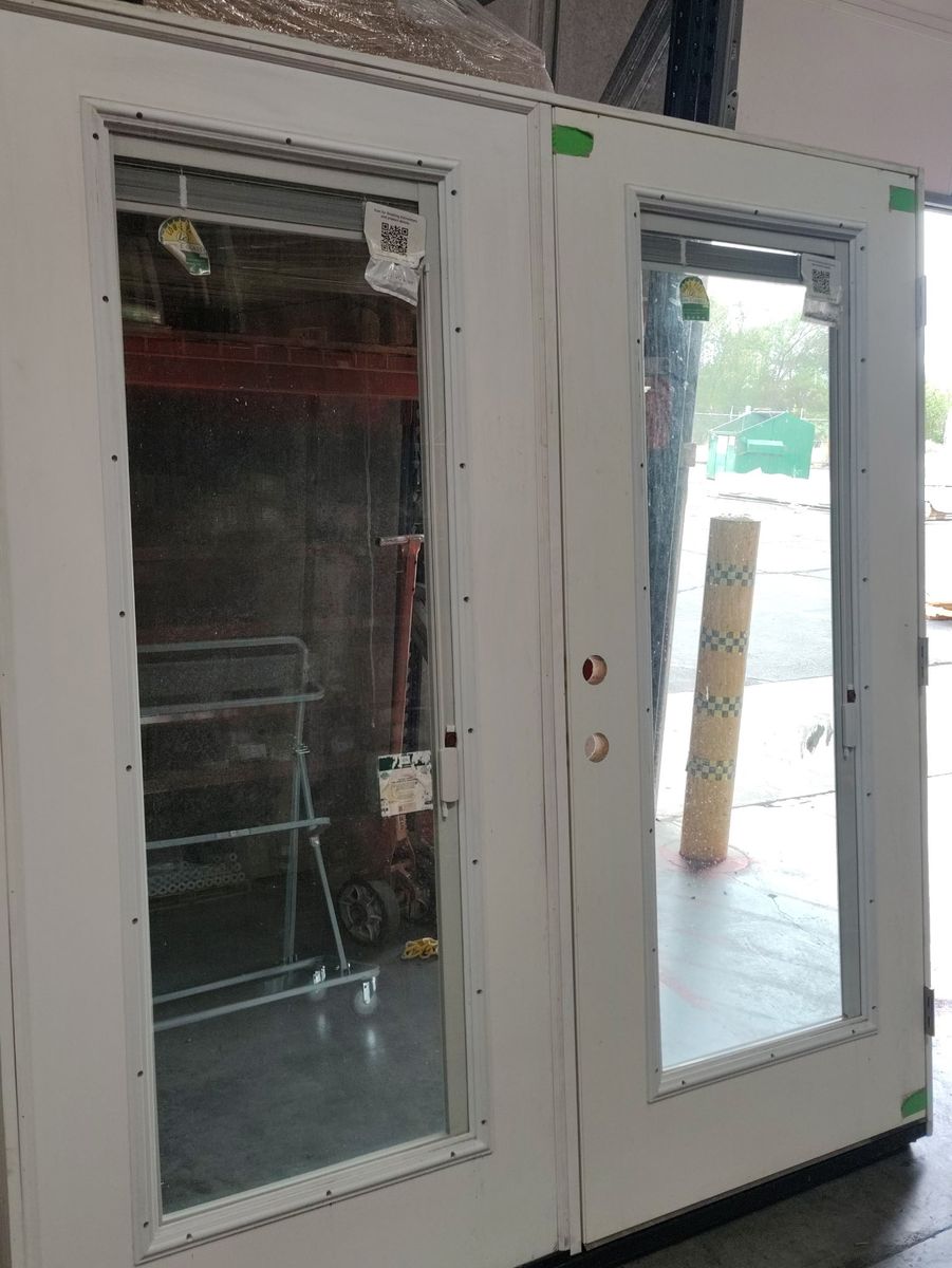 White Exterior French Patio Doors with Full Glass Panels and Built-In Blinds