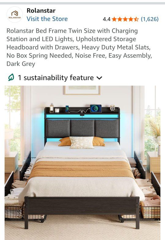 Rolanstar Twin Bed Frame w/ Charging Station, LED Lights, Upholstered Storage Headboard, Drawers, Dark Grey