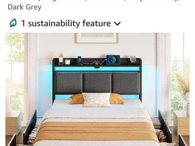 Rolanstar Twin Bed Frame w/ Charging Station, LED Lights, Upholstered Storage Headboard, Drawers, Dark Grey