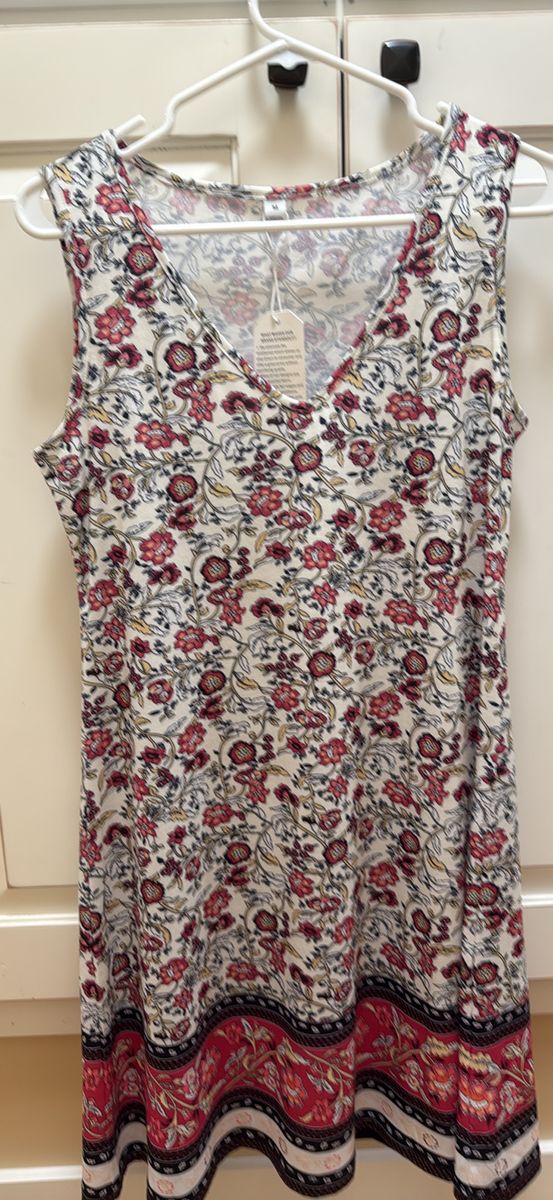 New Womens Floral Sleeveless V-Neck Mini Dress, Size M, White/Red Bohemian Print