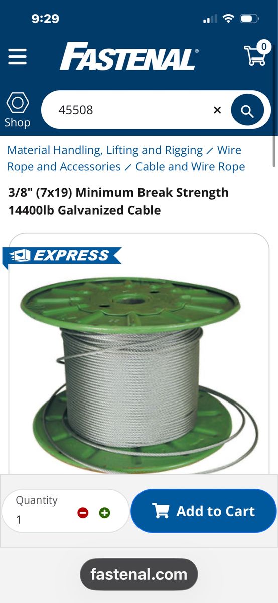 500’ Roll 3/8” 14400lb Aircraft Cable
