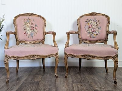 Vintage French Provincial Needlepoint Armchairs