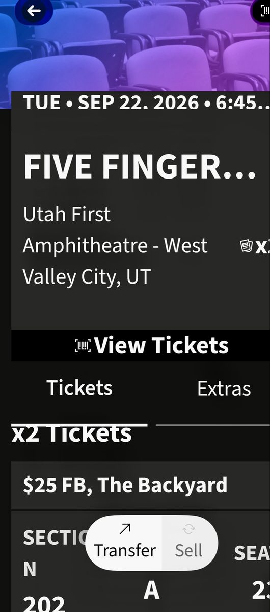 Five Finger Death Punch Tickets - Utah First Amphitheatre Sep 22 2026 VIP row A sec. 202 Box parking, backyard entrance