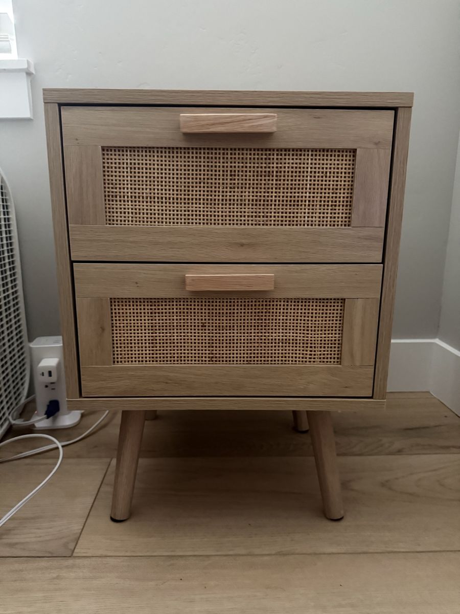 Modern Wood and Rattan Nightstand with 2 Drawers