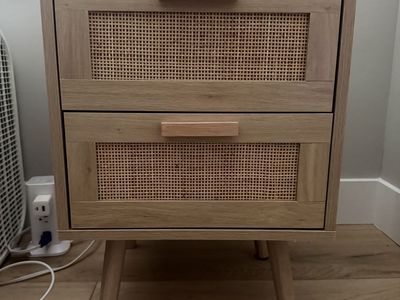 Modern Wood and Rattan Nightstand with 2 Drawers