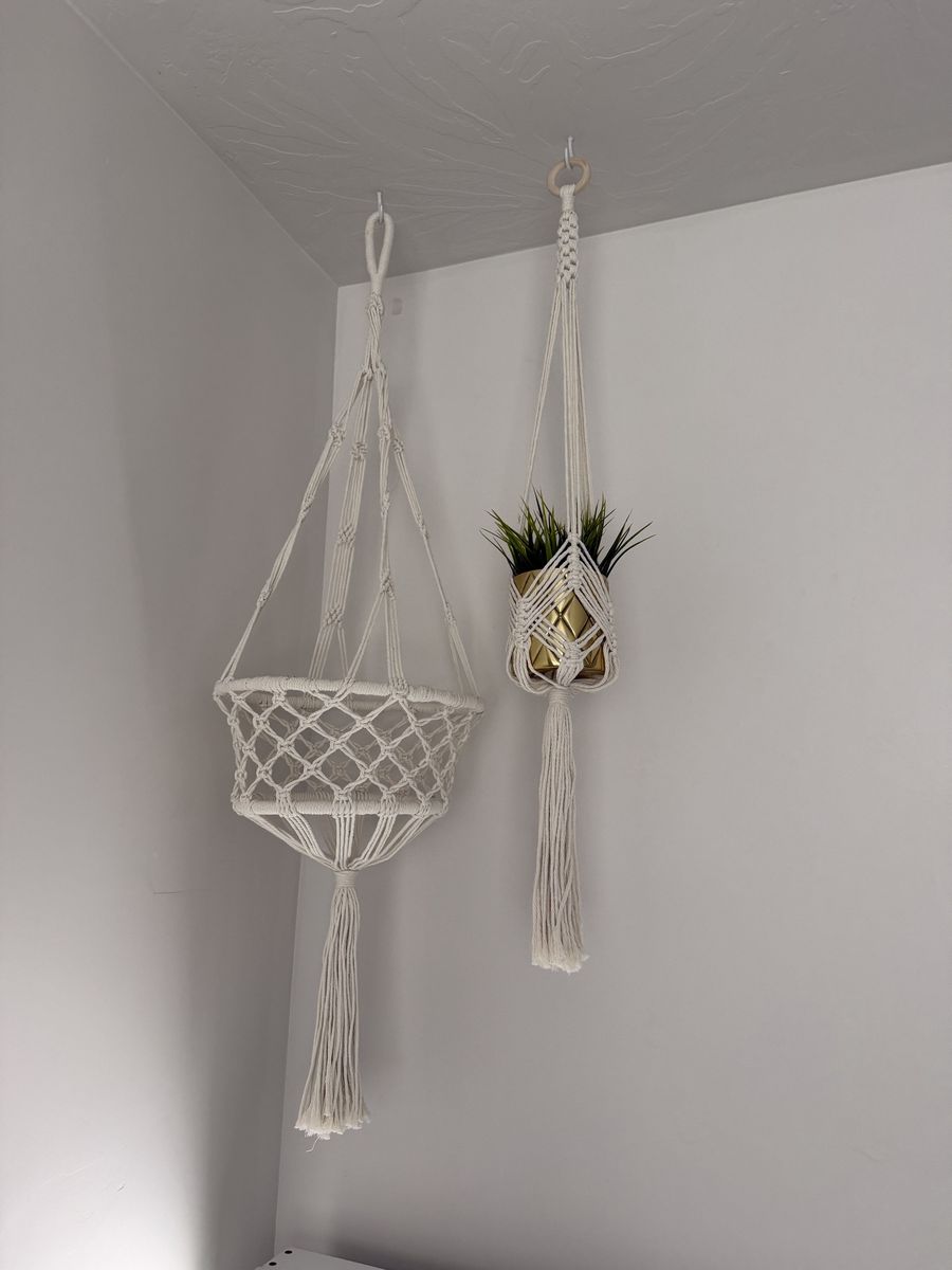 Boho Macrame Hanging Planter Basket & Shelf Set - Cream Cotton Rope Decor