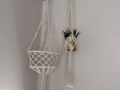 Boho Macrame Hanging Planter Basket & Shelf Set - Cream Cotton Rope Decor